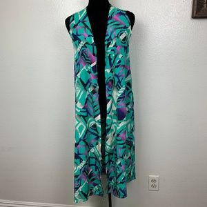 LuLaRoe Joy Teal Black Purple‎ Sheer Cardigan Vest